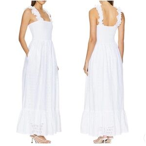 Revolve Bobi Los Angeles Smocked Square Neck Eyelet Maxi White Dress Size XS